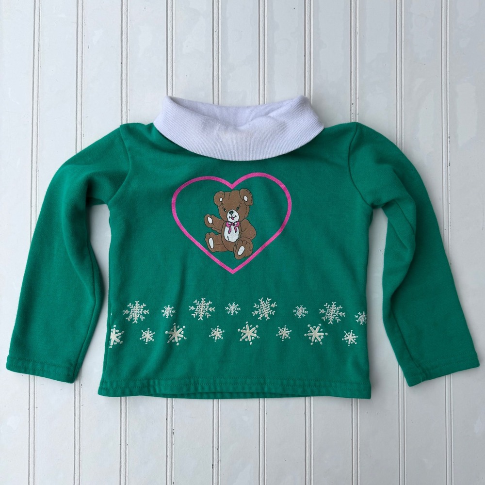 Vintage Studio Twelve Toddler 2T Green Teddy Bear Heart Snowflake Mock Neck Top